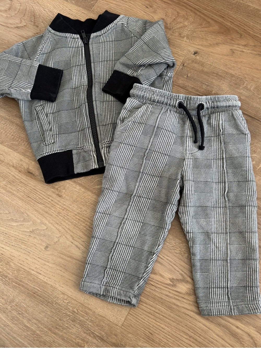 NEXT Gray Black Plaid Matching Set Pants & Bomber Jacket Size 12/18 Months